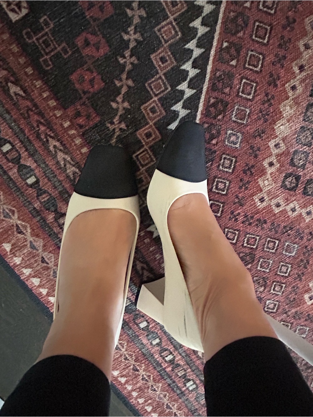 Classic Two-Tone Black and Cream Block Heel Pumps